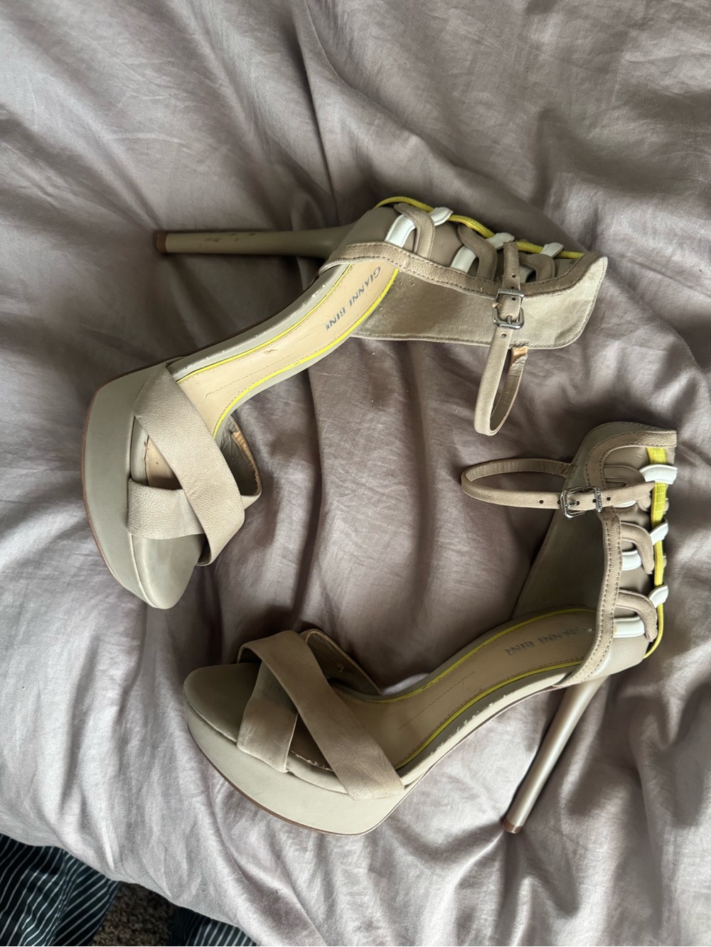 Gianni Bini Beige Platform Stiletto Sandals with Yellow and White Trim